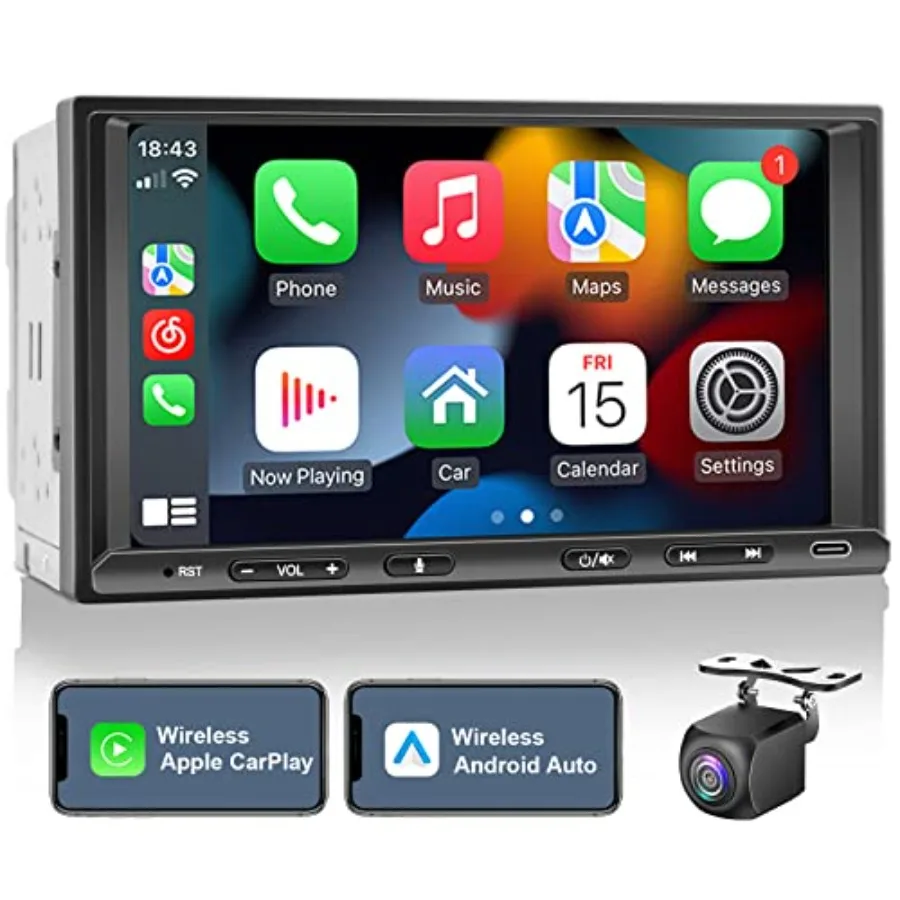 

7-дюймовая сенсорная автомагнитола Double Din с беспроводным CarPlay, Android Auto, Bluetooth, камерой заднего вида, AM/FM, GPS-навигацией