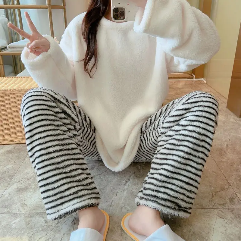 Striped Sleepwear Women Pajama Sets Fleece Korean Piiama Winter Night Wears Long Sleeve Home Suit Warm Casual Sets 2 Pieces New