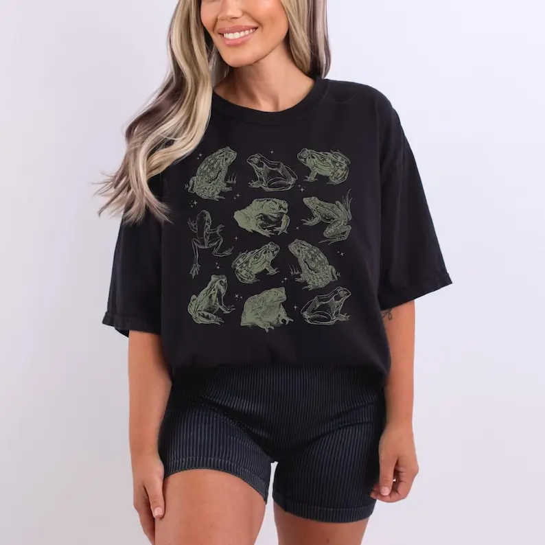 Camisa de rana Goblincore, ropa de bruja verde Emo, camiseta de chica de Granola Forestcore, camisa Grunge de sapo Vintage Hippie