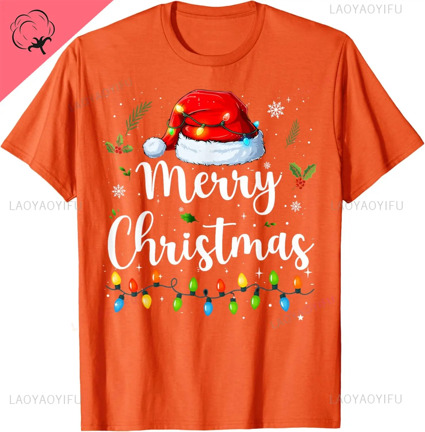 Merry Christmas Red Santa Hat Reindeer Xmas Matching Family T-Shirt Men and Women Short Sleeves Printed Cotton T-shirt