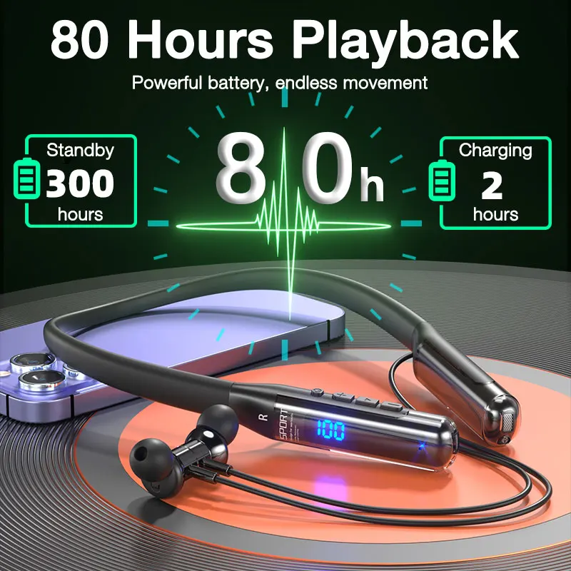 Wireless Bluetooth Neckband Headphones with Digital Display Function, Large-capacity Semi-in-ear Sports Stereo Headphones