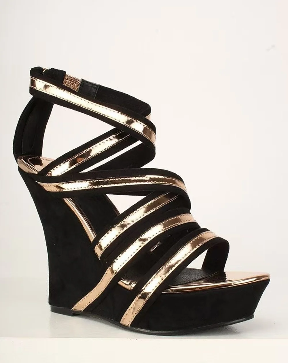 

Black Suede Rose Gold Wedge Sandals Metallic Cross Straps Platform Sole Fashion Party Style Summer New Lady Sandals