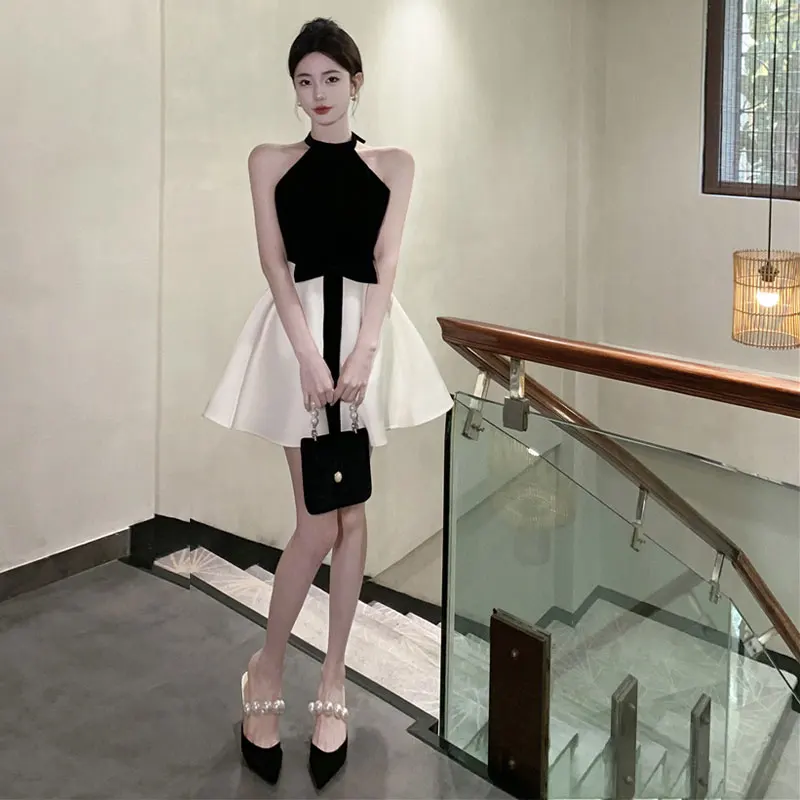

Elegant Unique Birthday Girl Dress Chic Shoulder Bared Neck Hanging Dress Summer High Waist Polyester Fiber X-Shape A-Line Skirt