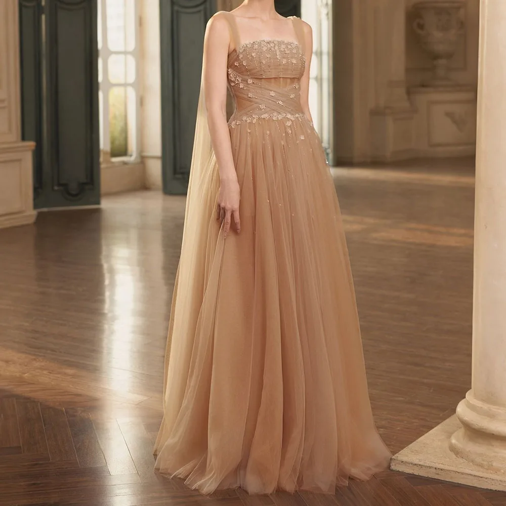 

Customized A-line Evening Dresses Floor-length Square Collar Sleeveless Prom Gown Fashion Flowers Simple Draped Party Gown