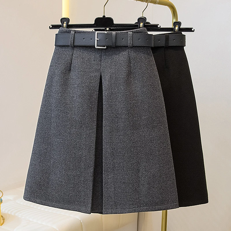 

Retro Casual Woolen High Waist A-Line Skirt Women's Autumn Winter plus Size Korean Sle Slimming Midi Skirt with Belt