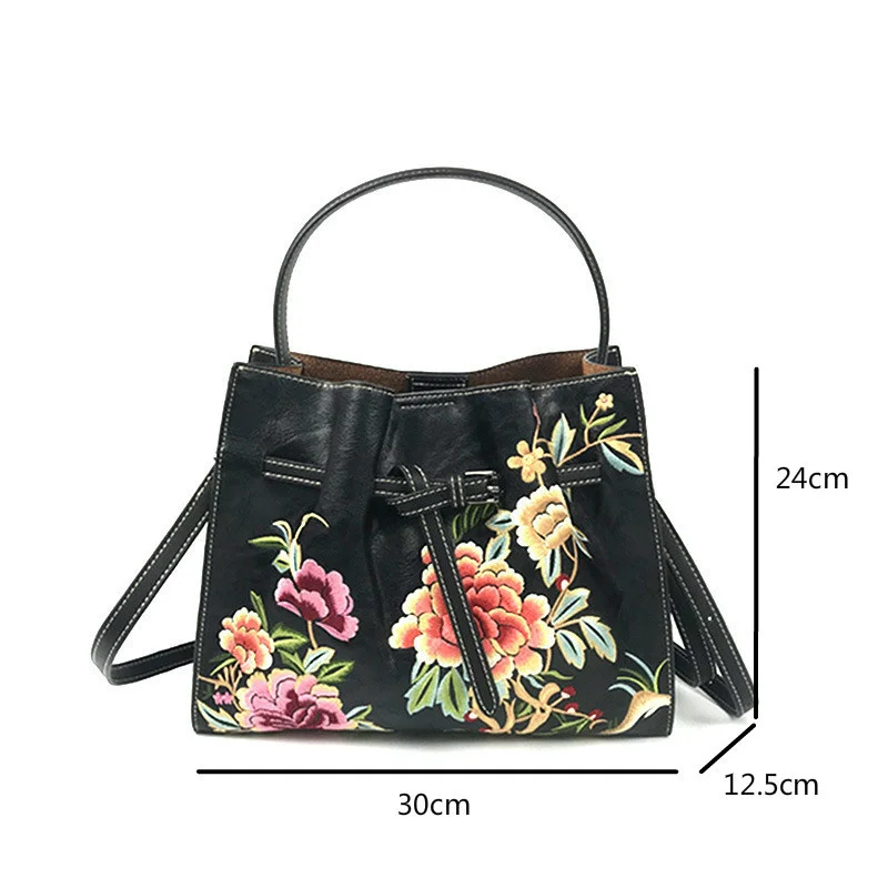 MOTAORA New Vintage Big Capacity Shoulder Bag Women Chinese Style Embroidery Handbag Luxury Leather Bucket Crossbody Bags Ladies