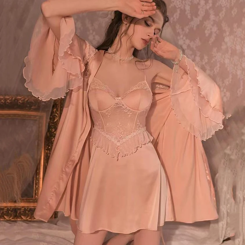 Seksowne kobiety Kimono szlafrok suknia bielizna nocna różowa patchworkowa koronkowa suknia ślubna dla panny młodej zestaw koszul nocnych letnia satyna jedwabna sukienka domowa