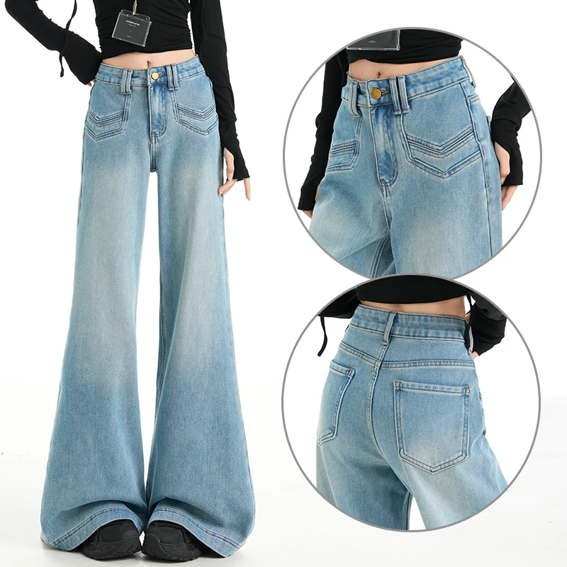 Amerikaanse stijl laag getailleerde pittige meisje grote voet uitlopende jeans dames herfst en winter losse elastische broek met wijde pijpen