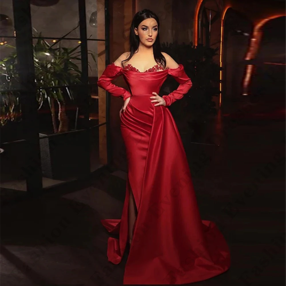 

Gorgeous Satin Party Long Evening Dresses For Women Fashion Slim Beautiful Off Shoulder Long Sleeved High Slit Prom New Gowns