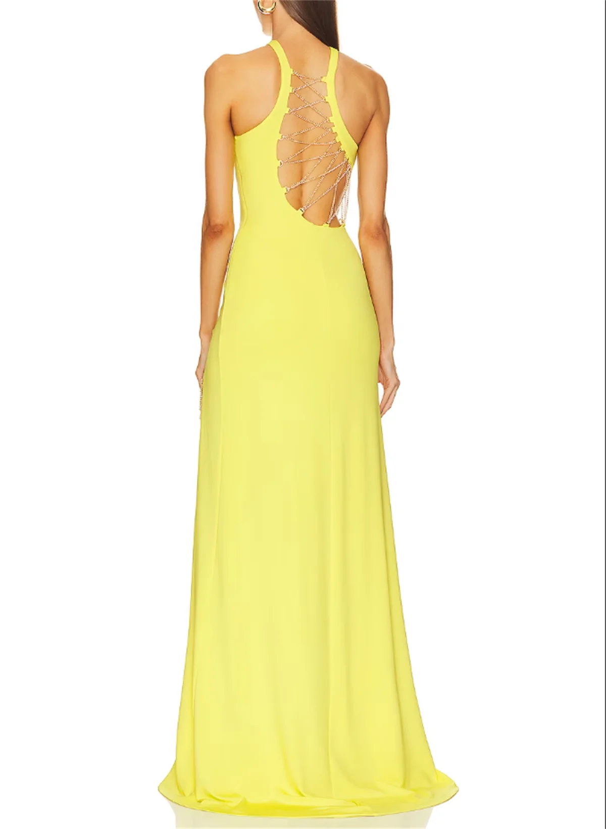 Fashion Bright Yellow A-Line Prom Dress Sexy Open Waist Cut-Out Evening Dress Diamond Strap High Slit Special Occasion Chiffon