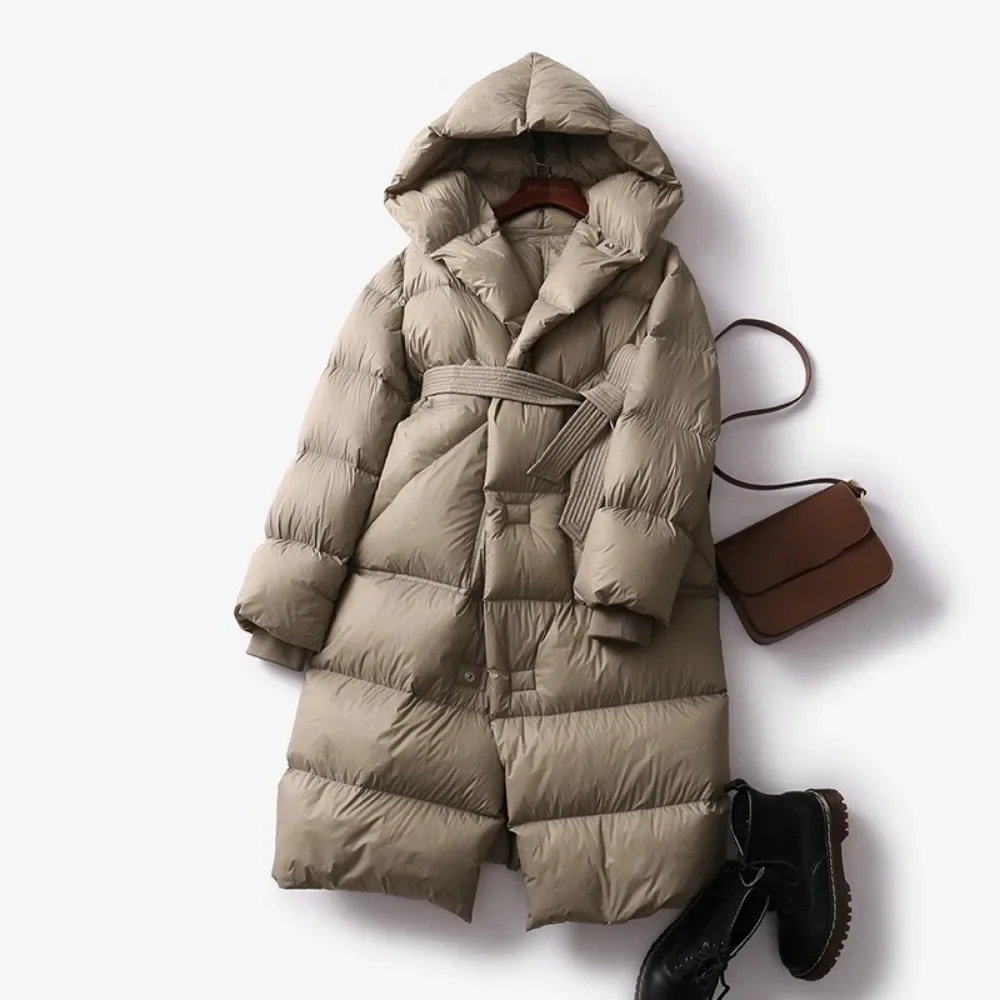 New Puffer Jacket White Duck Down Winter Solid Thick Warm Female Fashion Oversize Hooded Sashes Tie Up Over Women The Knee Coat