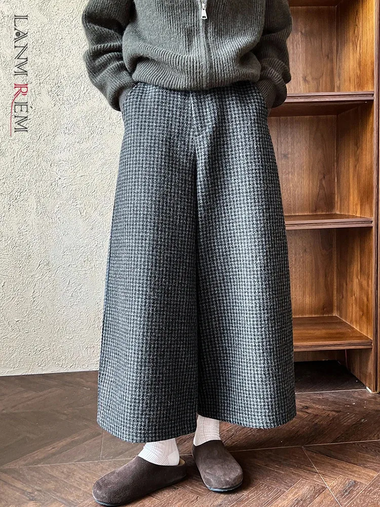 [LANMREM] Plaid Contrast Color Wool Pants For Women High Waist Straight Wide Leg Trousers Office Lady 2024 Winter New 26C1242