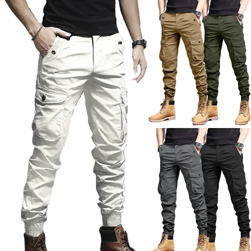 2026 New Men White Cargo Jogger Pants Multi Flap Pockets Elastic Ankle Cuff Casual Streetwear Trousers view 2