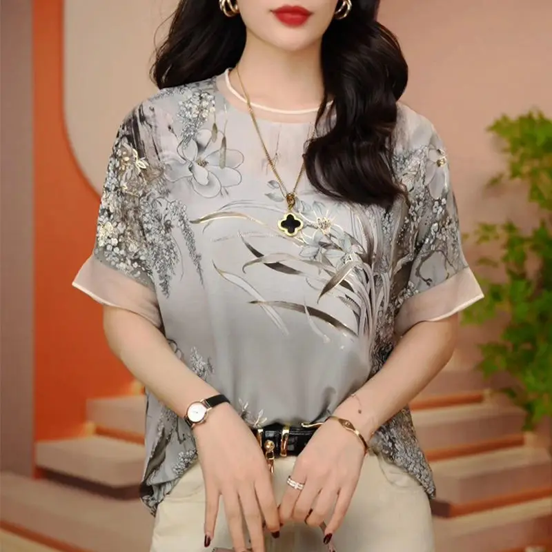 Women Clothing Summer Fashion Floral Print Mesh Patchwork Elegant T Shirt Ladies Casual O Neck Short Sleeve Oversized Chic Tops