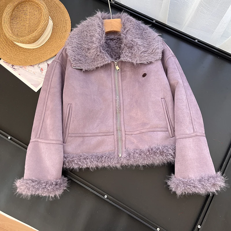 

Женская теплая замшевая куртка с мехом ягненка, новинка зимы 2025, повседневная, свободного кроя, короткая, на молнии