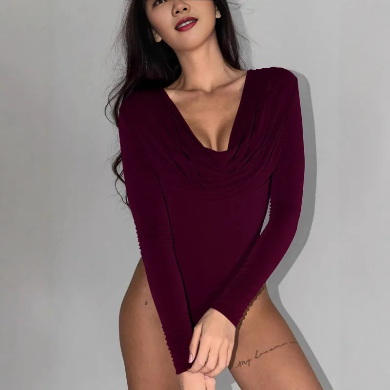 2025 otoño sólido cuello oscilante ajustado picante niñas mono ajustado mujeres cuello en V espalda descubierta manga completa elegante Club Street mamelucos