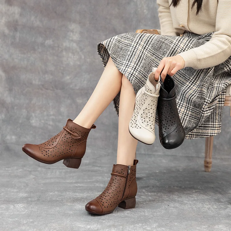 

Leather Hollow out Boots Retro Ethnic Style Women's Boots Chunky High Heels Boots Spring Summer New Arrival Fashion Sa...