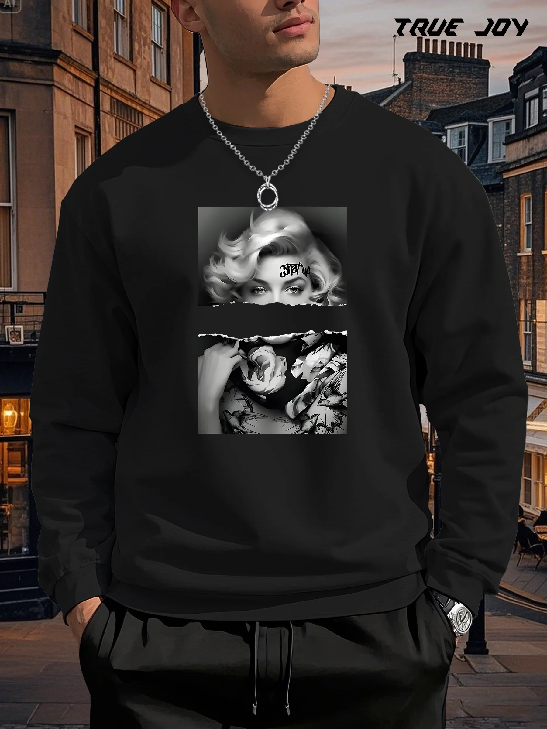 سويت شيرت رجالي بطبعة كولاج فنية - تصميم متباين باللونين الأبيض والأسود، بلوفر كاجوال فضفاض، رقبة دائرية ناعمة وأكمام طويلة #1