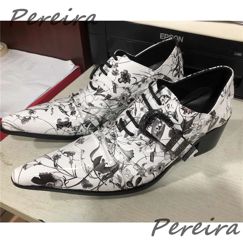 

Metal Buckle Skeleton Print Oxford Shoes Men's Genuine Leather Pointed Toe High Heel Shoes Party Wedding Business Dress Shoes