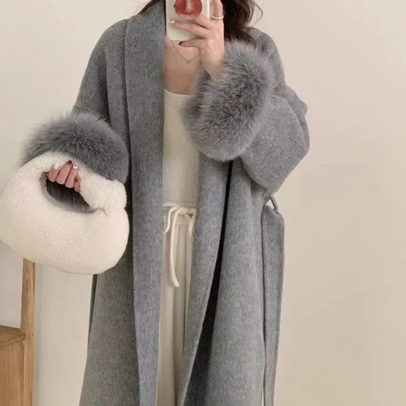 Winter New Product Detachable Sleeve Fur High end Double sided Wool Strap Coat Bathrobe Warm Temperament Coat