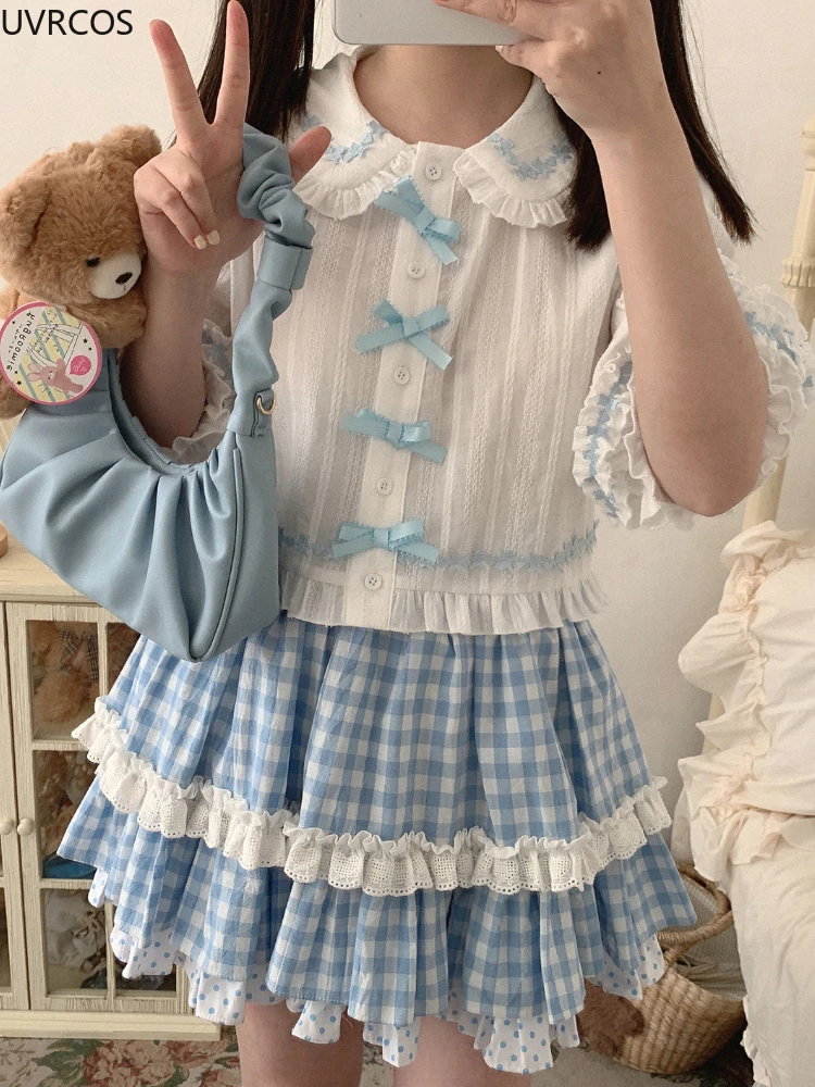 Jupe à carreaux Lolita douce pour femmes, chemise en coton à nœud Kawaii imbibé, mini jupes en Y pour filles, ensembles deux pièces mignons, tenues Lolita, automne