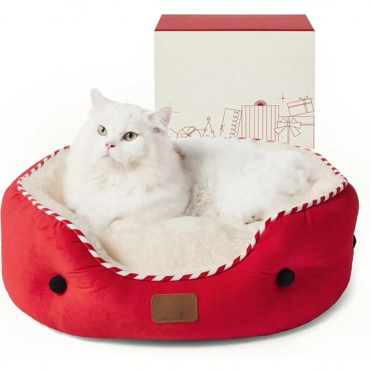 

Dog Beds - Round Cat Beds, Washable Pet Bed With Slip-Resistant Bottom, Savvy Red