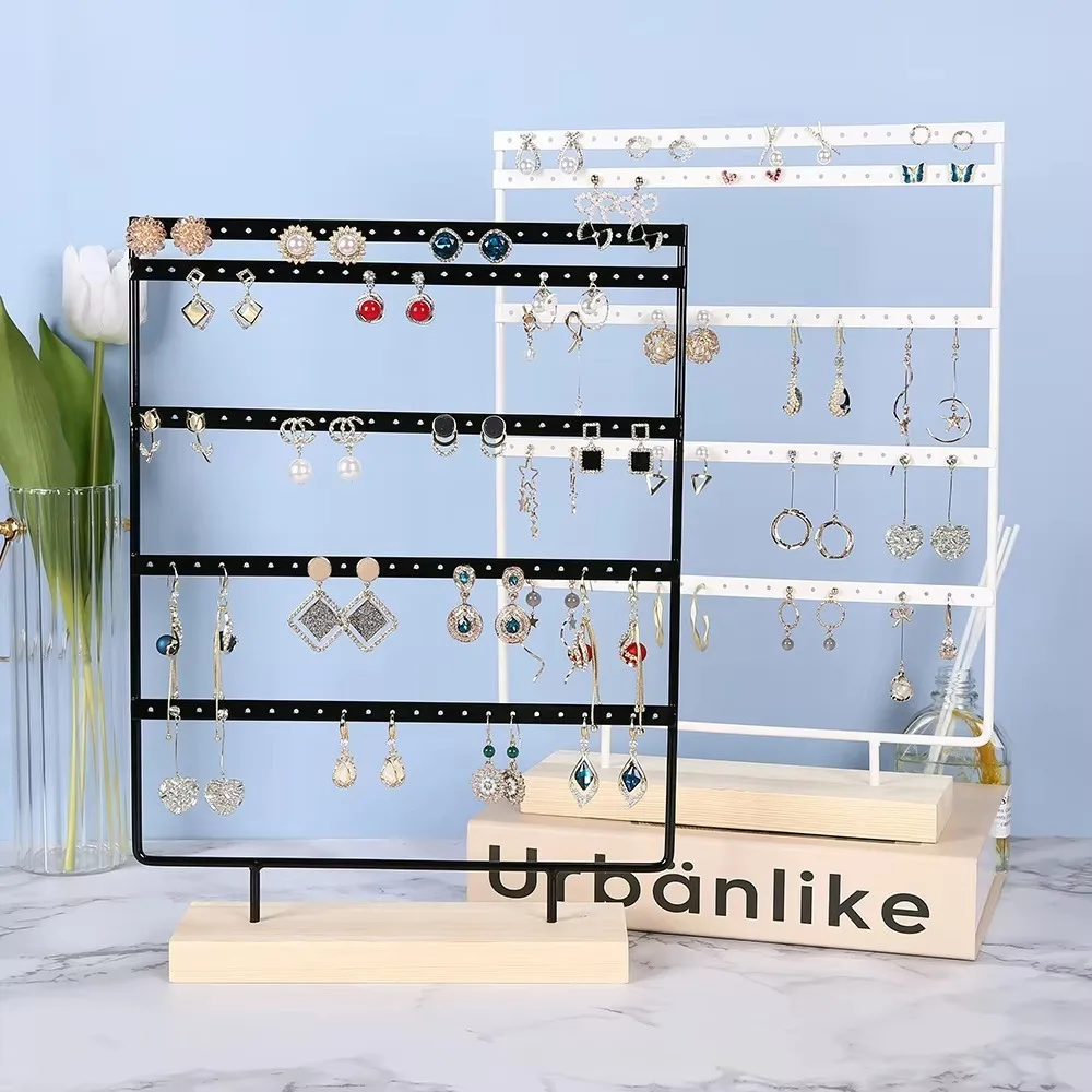 Metal Earring Display Holder 110 Holes 5-Tiers Jewelry Storage Rack Tree Design Wooden Base Ear Stud Rack Home Organization
