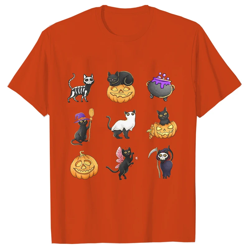 女性のための不気味な黒猫ハロウィンスウェットシャツ、カジュアルな女性の服、半袖Tシャツ、猫愛好家へのギフト、y2kトップス