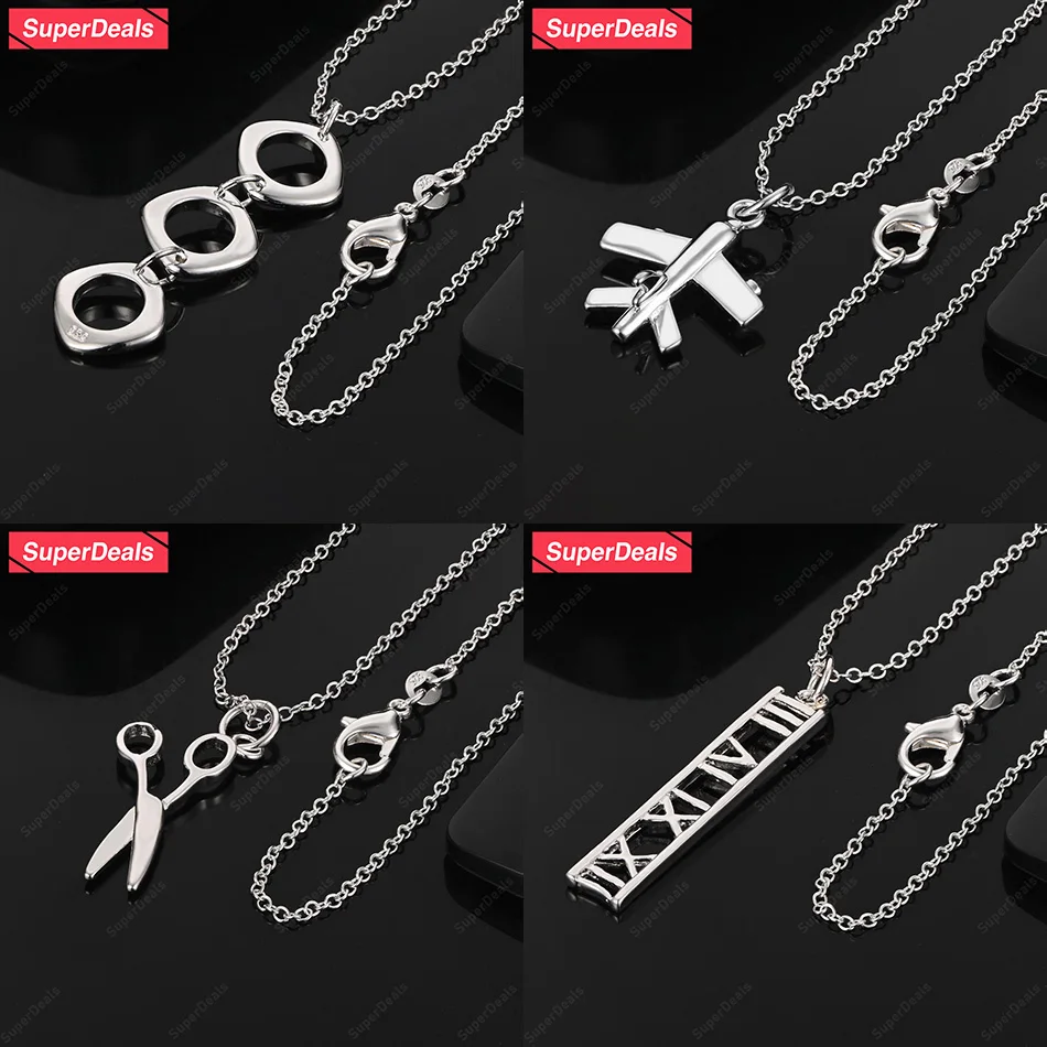 SuperDeals 925 Sterling Silver Airplane Scissors Square Roman Numeral Pendant Necklace Girls Christmas Party Trend Jewelry Gift