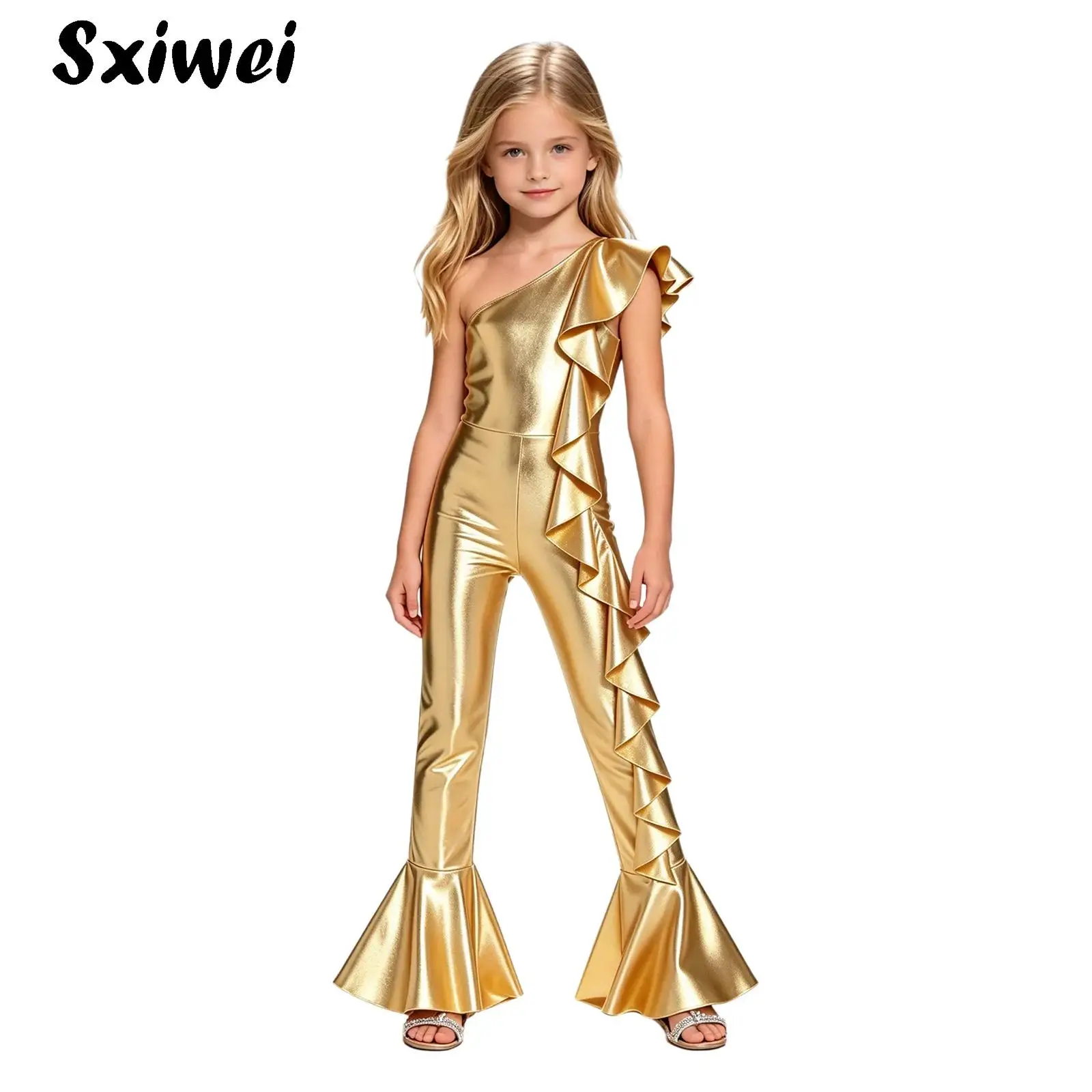 Kids Girls Metallic Shiny Pageant Jumpsuit One Shoulder Ruffles Hippie Bell Bottom Rompers Unitard 70S Disco Jazz Dance Bodysuit