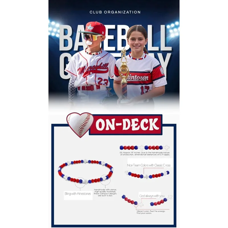 Beaded Baseball Necklace |Adjustable Sports Rope Chain with Baseball Cross Charm - Great Baseball Drip Gift for Players and Fans