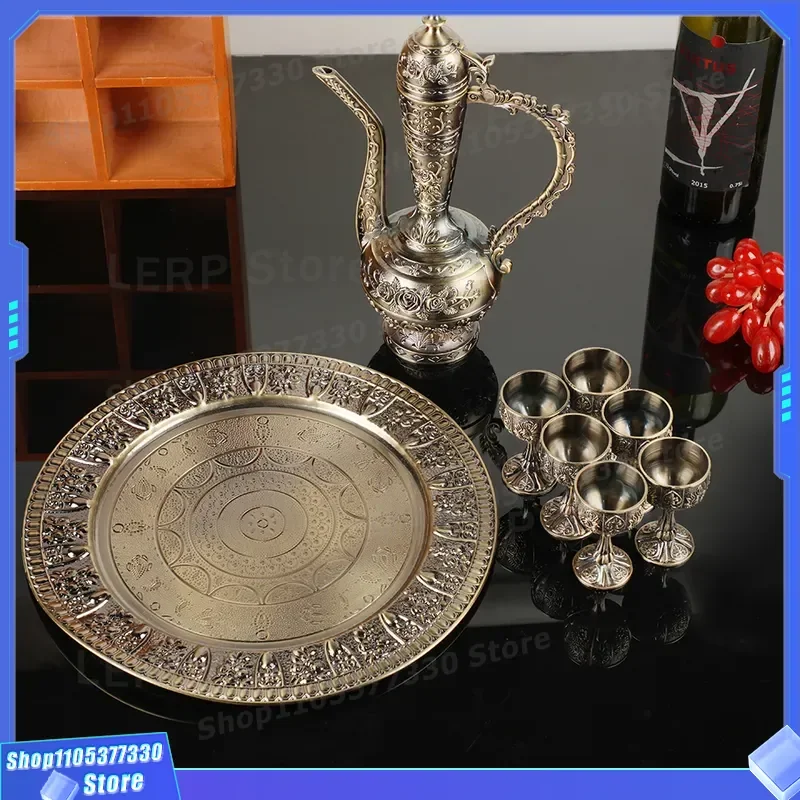 European Light Luxury Retro Zinc Alloy Wine Jug Set 8 Piece 3D Relief Home Bar Decor Ornament New Vintage Style Drinking Ware