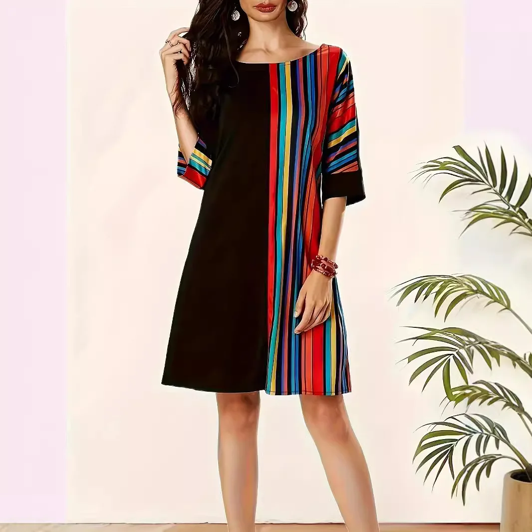 Damska koszulka Mini sukienka Summer Colorful Striped Print Half Sleeve Casual O Neck Elegant Office Lady OL Dresses Ropa De Mujer