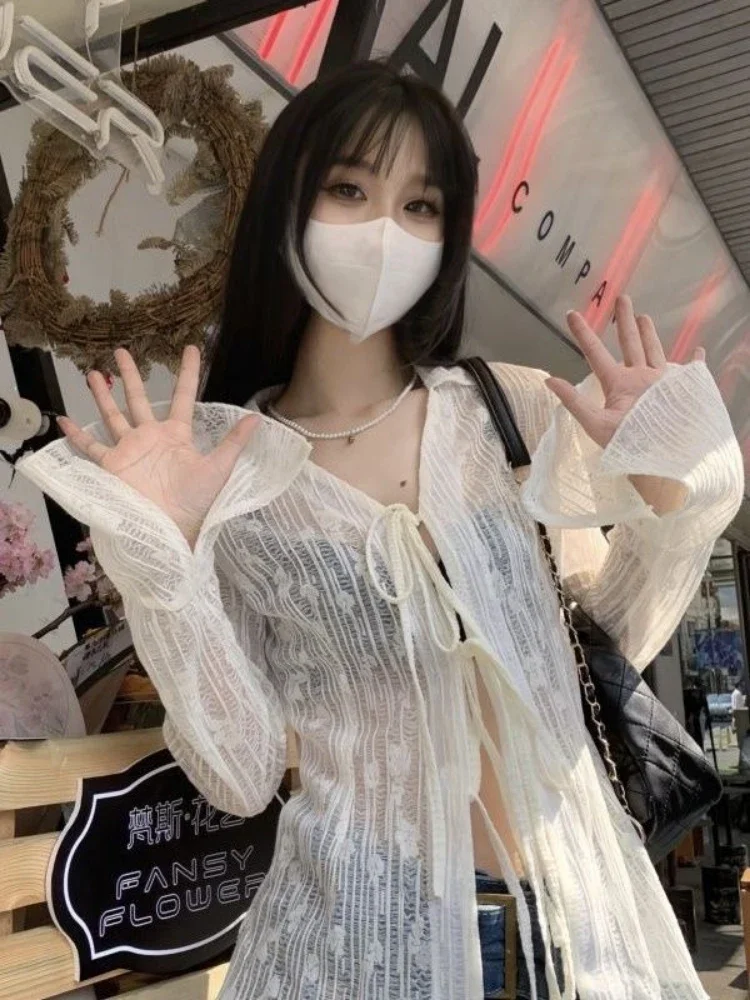 Japanese Women Blouse 2025 Y2k Aesthetic Grunge Bandage Sexy Shirt Harajuku Turn Down Collar Flare Sleeve Blusas