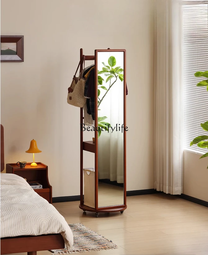 

Solid wood rotating clothes hanging mirror boxwood integrated hanger movable coat rack