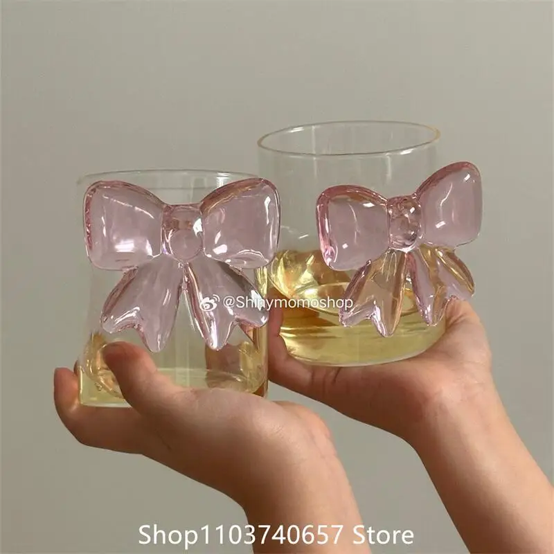 

Pink large Bow Glass Decor Glass Cup Goblet Bow Handle Glasses Heat-resistant High Borosilicate Dessert Ice Cream Bowl