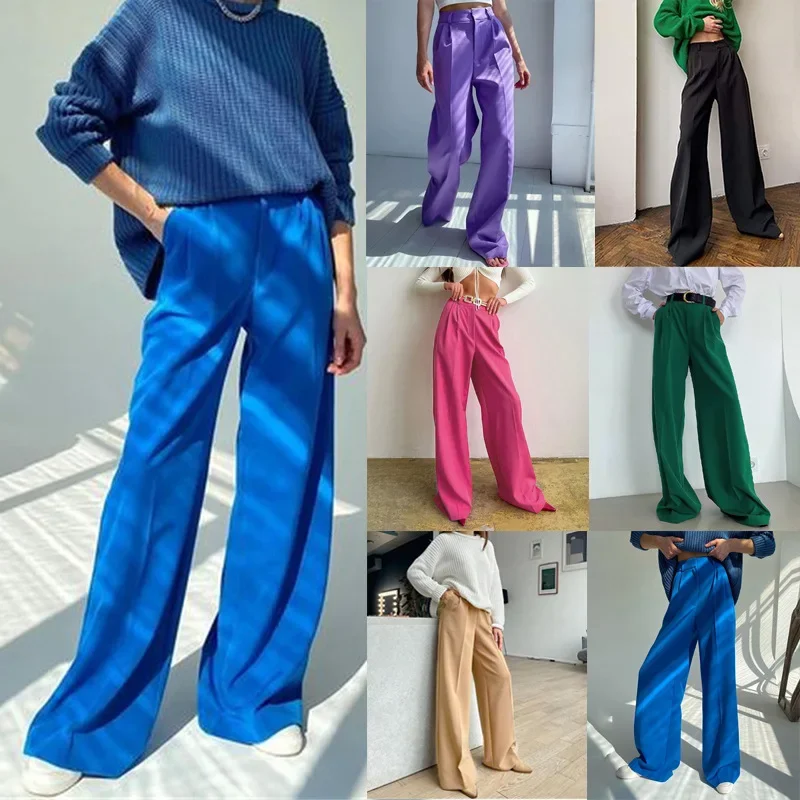 Blue Office Women'S Pants Fashion Loose Full Length Ladies Trousers Casual High Waist Wide Pants For Women