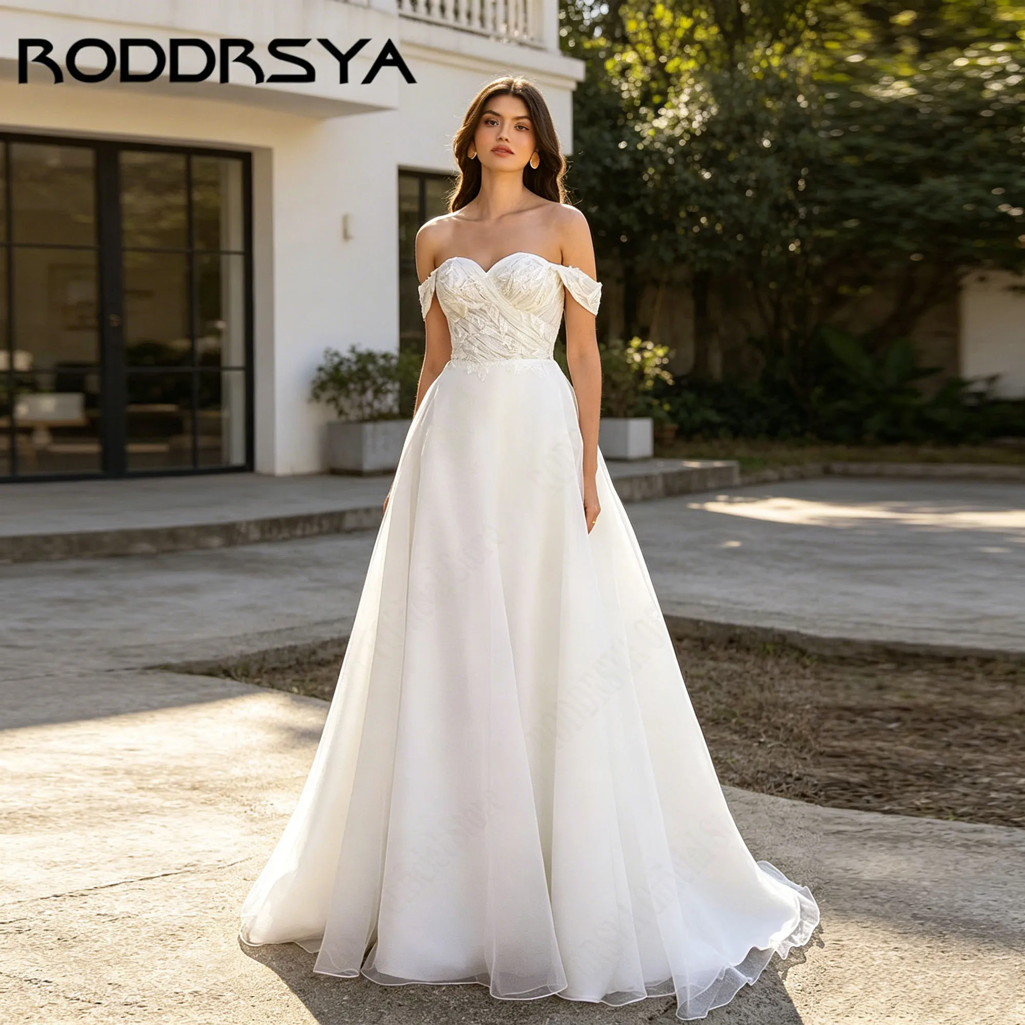 

RODDRSYA Off Shoulder Romantic Wedding Dresses Tulle Appliques Sweetheart A-line Bridal Gowns Backless robe de mariée Customized