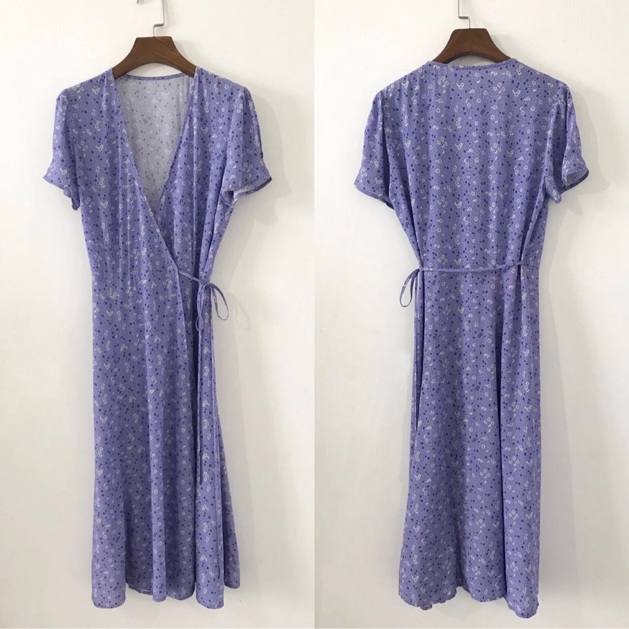 

Fresh Lavender Purple Print Flower MulberrySilk Tea Break Dress for Women One Piece Wrapped Dress Sexy