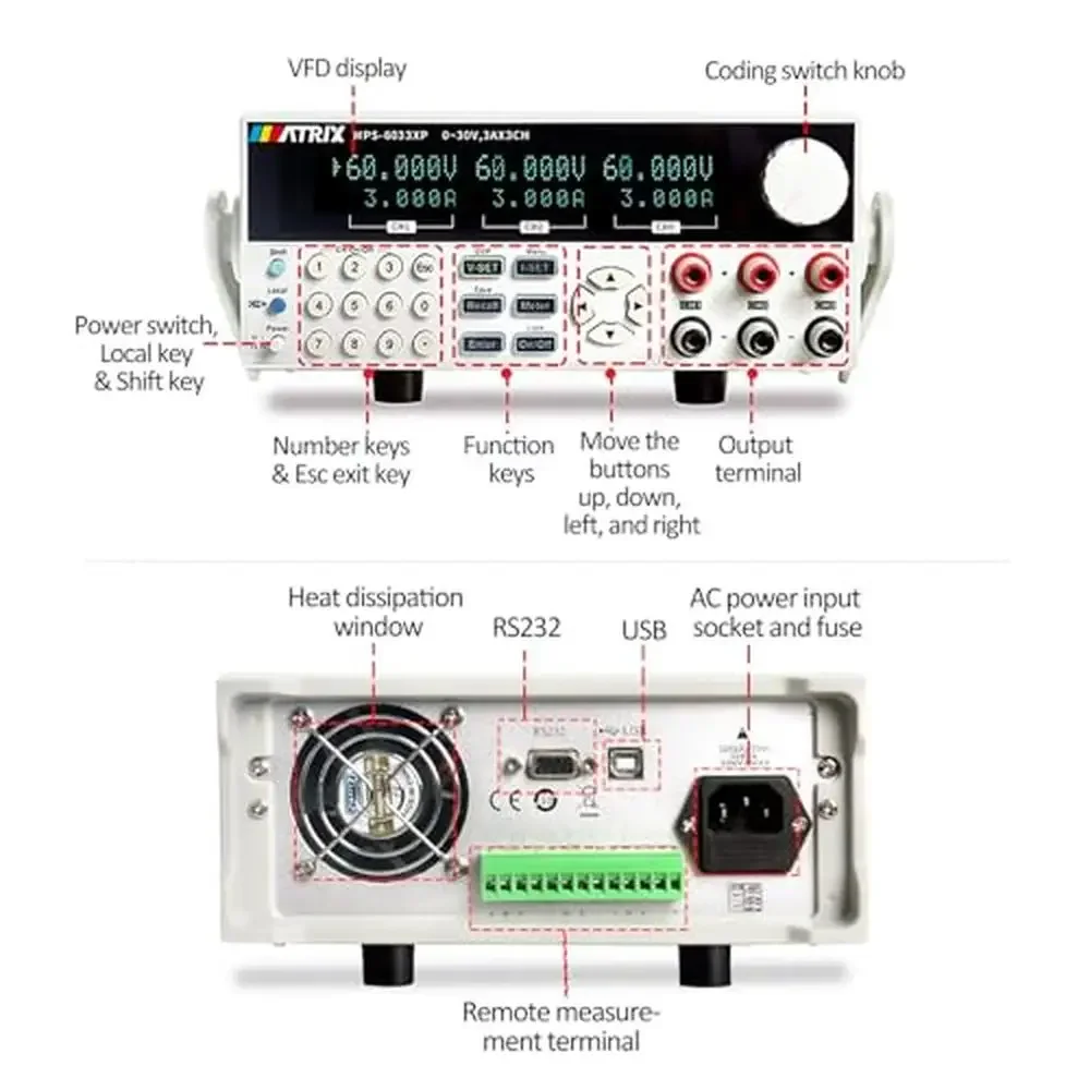 Ajustável Triplo Saída Fonte de Alimentação Bancada, DC programável, High Precision Lab Power Supply, 540W, MPS-6033XP, 60V, 3A