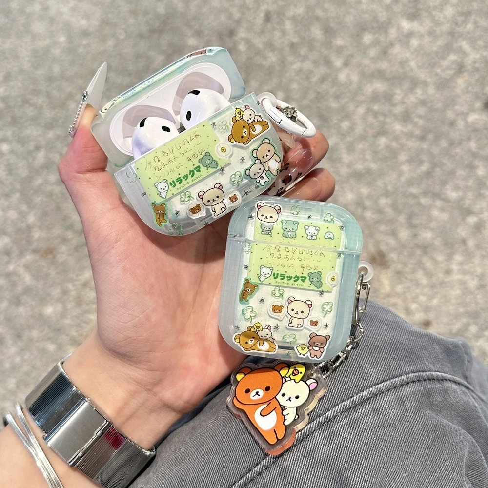 لطيف الكرتون Rilakkuma الدب حقيبة سماعة الاذن ل Airpods 4 2 3 1 Pro 3 2 سماعة لاسلكية تعمل بالبلوتوث سماعة الغطاء الواقي مع قلادة