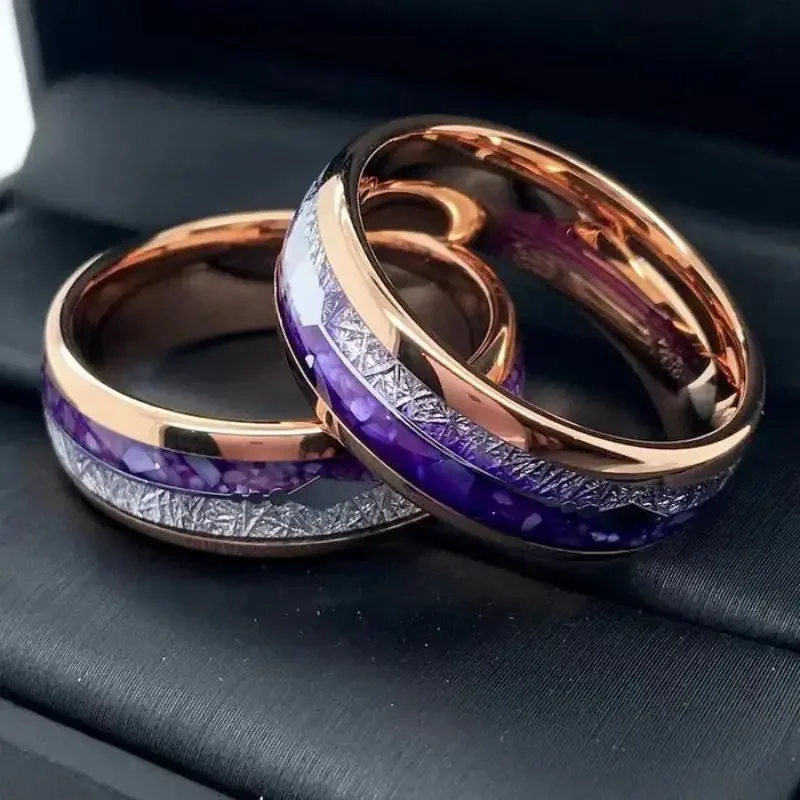 New Amethyst Gradient Splicing Ice Silk Foil Ring, Stainless Steel Carbon Fiber Couple Jewelry Ring, Exquisite Gift