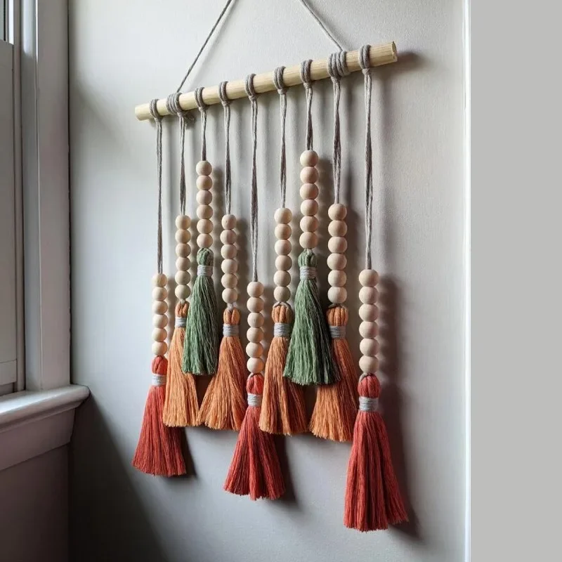 1PC Hand-woven Tapestry Bohemian Wall-mounted Cotton Thread Wall Decoration Wood Color Fringed Tapestry Bedroom Arrangement
