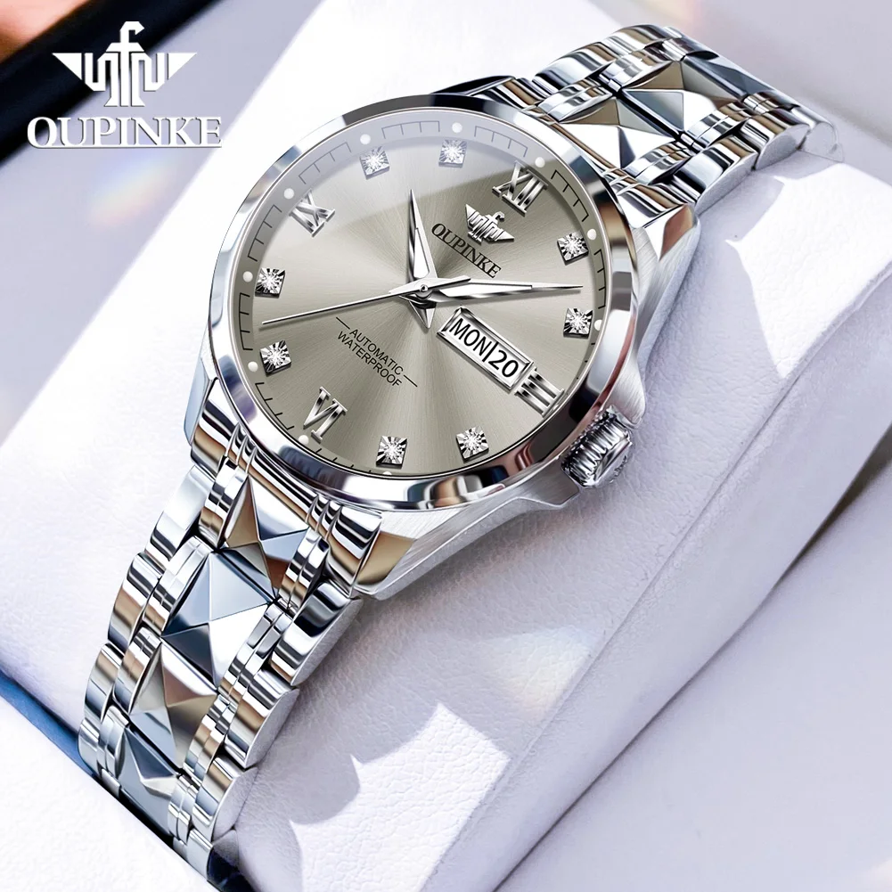 

OUPINKE Original Tungsten Steel Automatic Machinery Women's Watch Luxury Brand Waterproof Double Calendar Sapphire Women's Watch