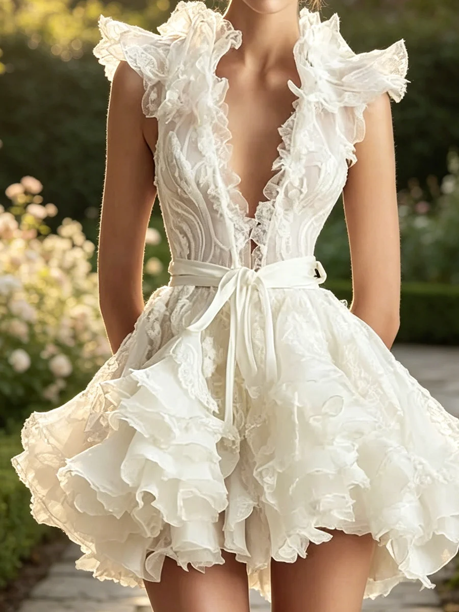 Luxury V-Neck Ruffles Sleeveless Sashes A-Line Bride Wedding Dresses Bridal Gowns Customized