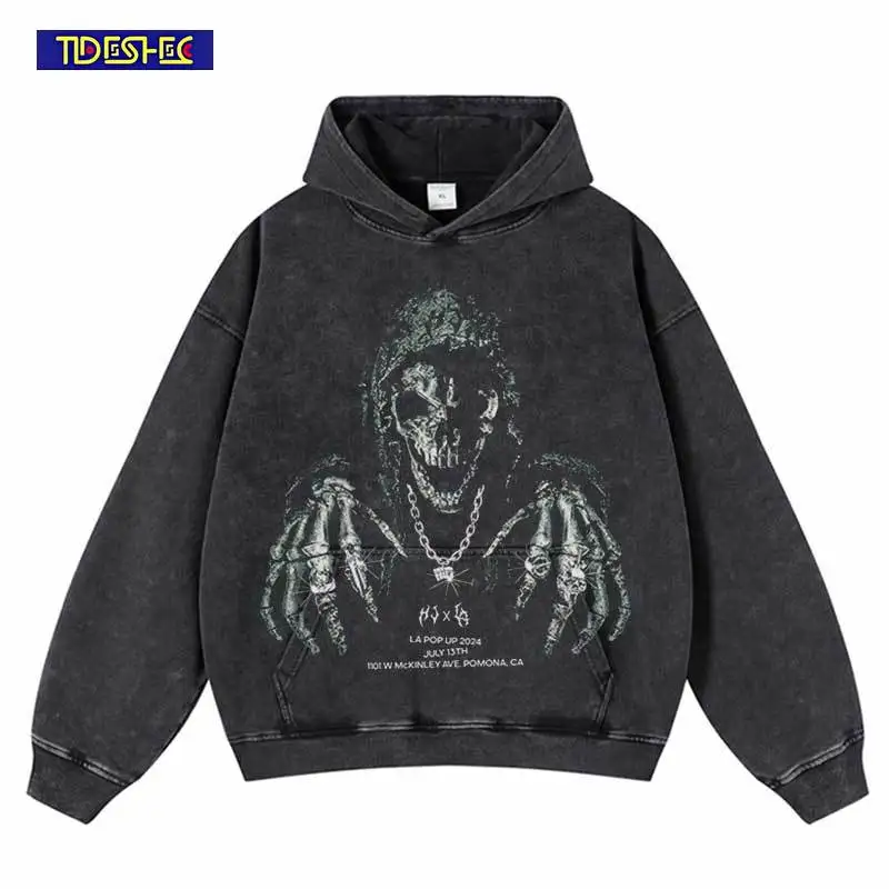 Vintage Black Hoodie 420GSM Hip Hop Skull Skeleton Graphic Print Hooded Sweatshirt Streetwear 2024 Harajuku Punk Gothic Pullover