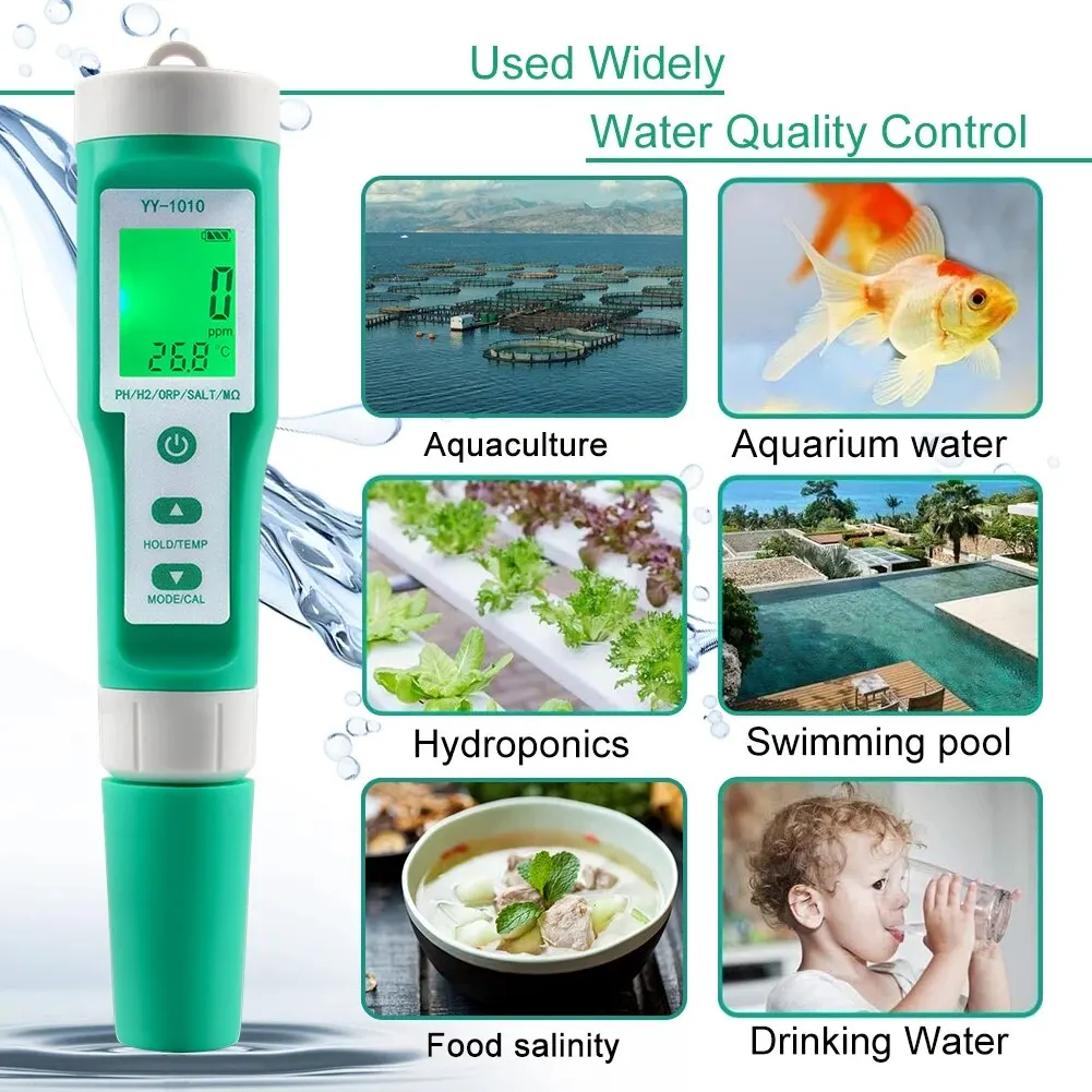 Yieryi TDS EC PH Salinity Meter ORP H2 S.G TEMP Water Quality Monitor Solution Fertilizer Resistivity Tester for Pools,Aquariums