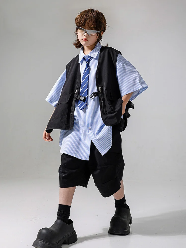 Boys Hip Hop Costume Vertical Striped Shirt Black Vest Shorts for Girls Street Dance Kids Jazz Clothes Children Streetwear sets