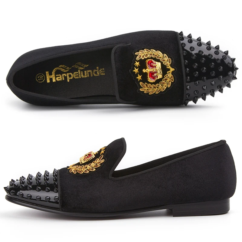 Harpelunde Slip On Dress Tuxedo Shoes Spikes Cap Toe Tuxedo Velvet Slippers Bullion Badge Loafers US Size 6-14