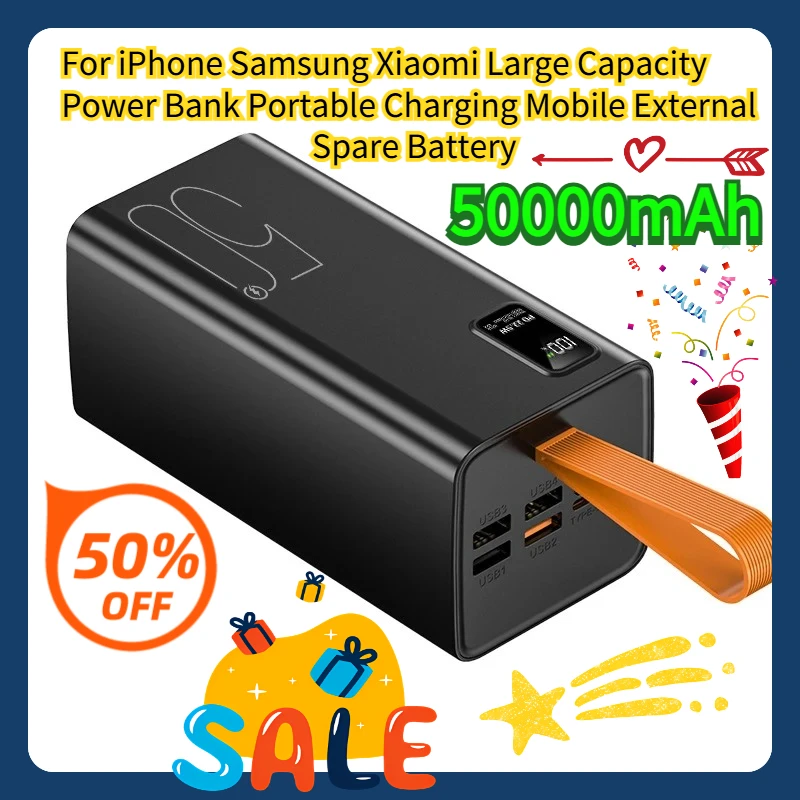 

For iPhone Samsung Xiaomi Large Capacity 50000mAh Power Bank Portable Charging Mobile External Spare Battery
